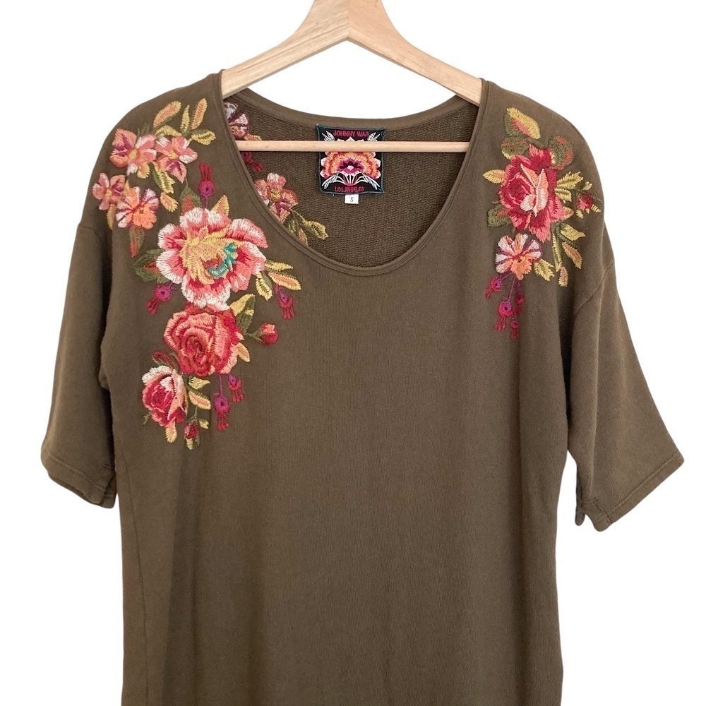 JOHNNY WAS Malui Floral Embroidered French Terry Sweatshirt Tunic Dress Brown - Picture 4 of 10